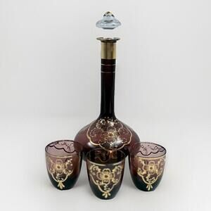 Vintage Decanter Ruby Red Glass & 3 Cups with Gold Trim 1960s  11.5 "Tall